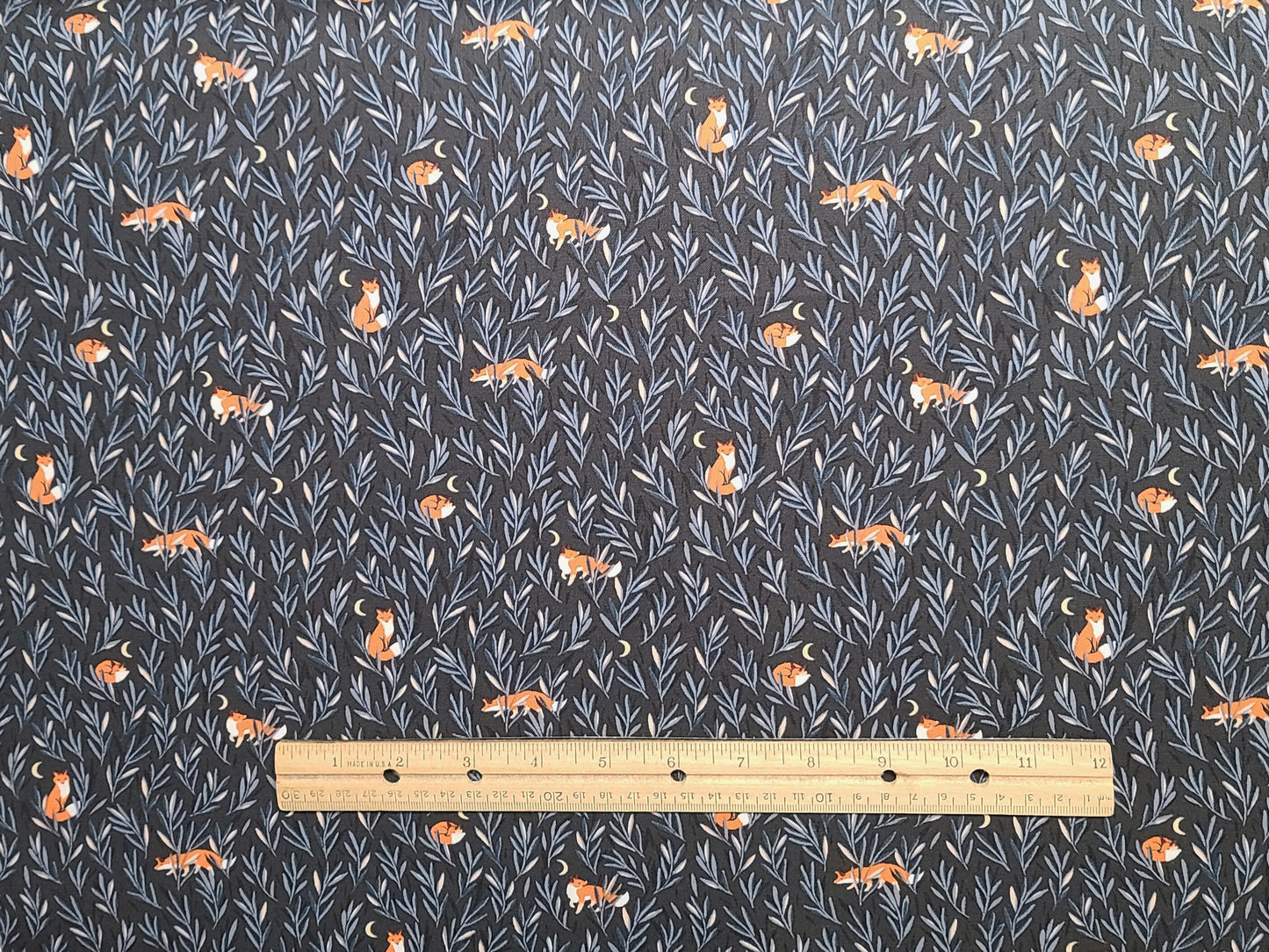 Dear Stella Patt#STELLA-10744 - Dark Charcoal Fabric / Rust, White, Blue, Cream Fox and Grass Print