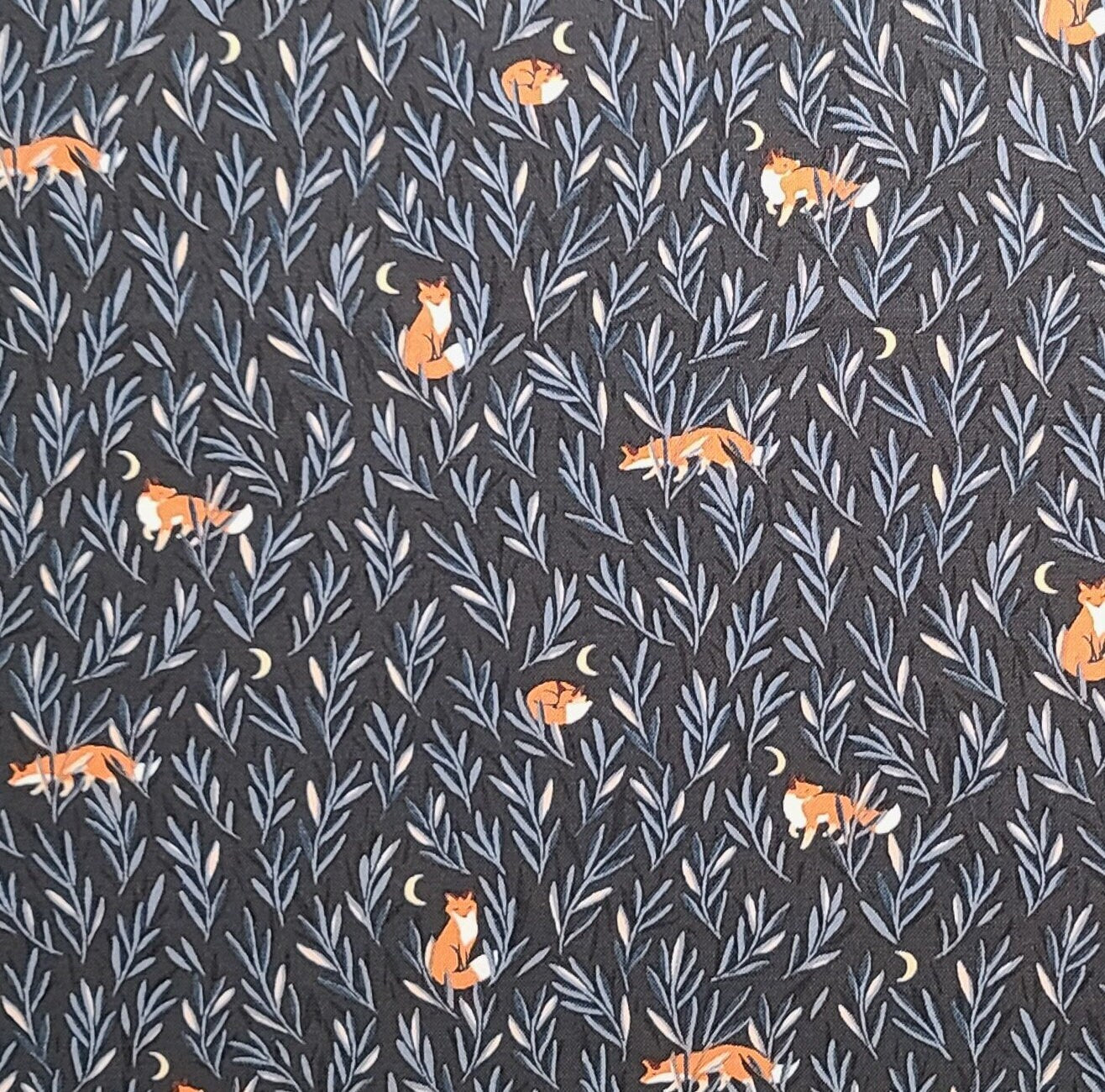 Dear Stella Patt#STELLA-10744 - Dark Charcoal Fabric / Rust, White, Blue, Cream Fox and Grass Print