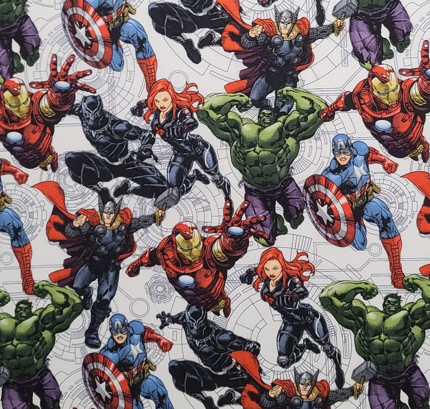 CP67705 Avengers Unite Marvel Springs Creative Product Group - White Fabric / Red, Purple, Green, Blue, Black Horizontal (Selv-Selv) Print