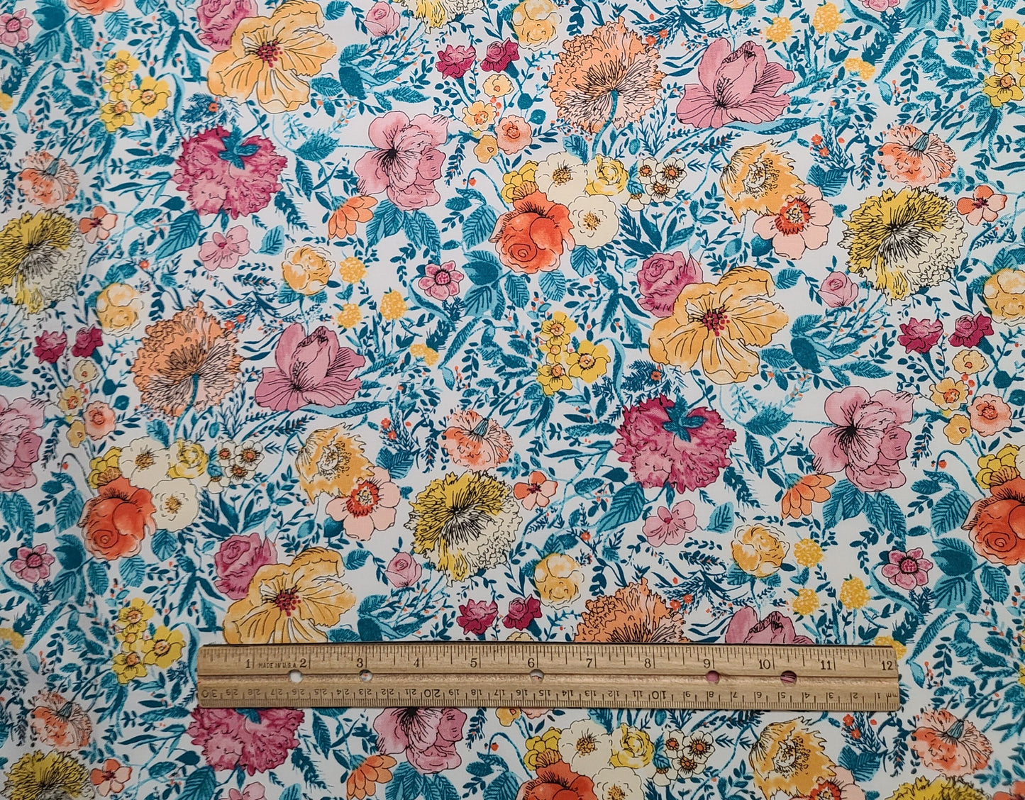 Cascade Meadow by Connecting Threads #92653 2019 - White Fabric / Apricot, Pink, Teal Flower Print