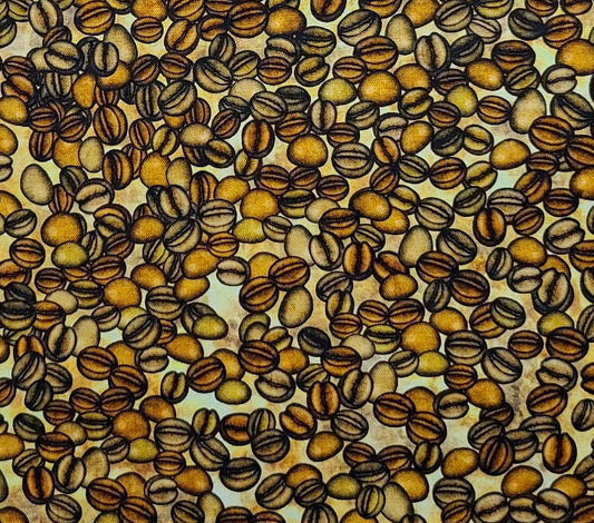 EOB - Dan Morris Design 2018 for QT Fabrics - Gold Tonal Fabric / Coffee Bean Print