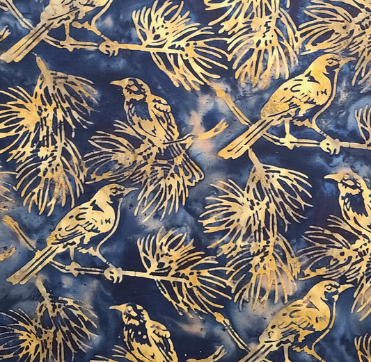 EOB - BATIK - Midnight Blue Fabric / Gold Bird and Leaf Tjap