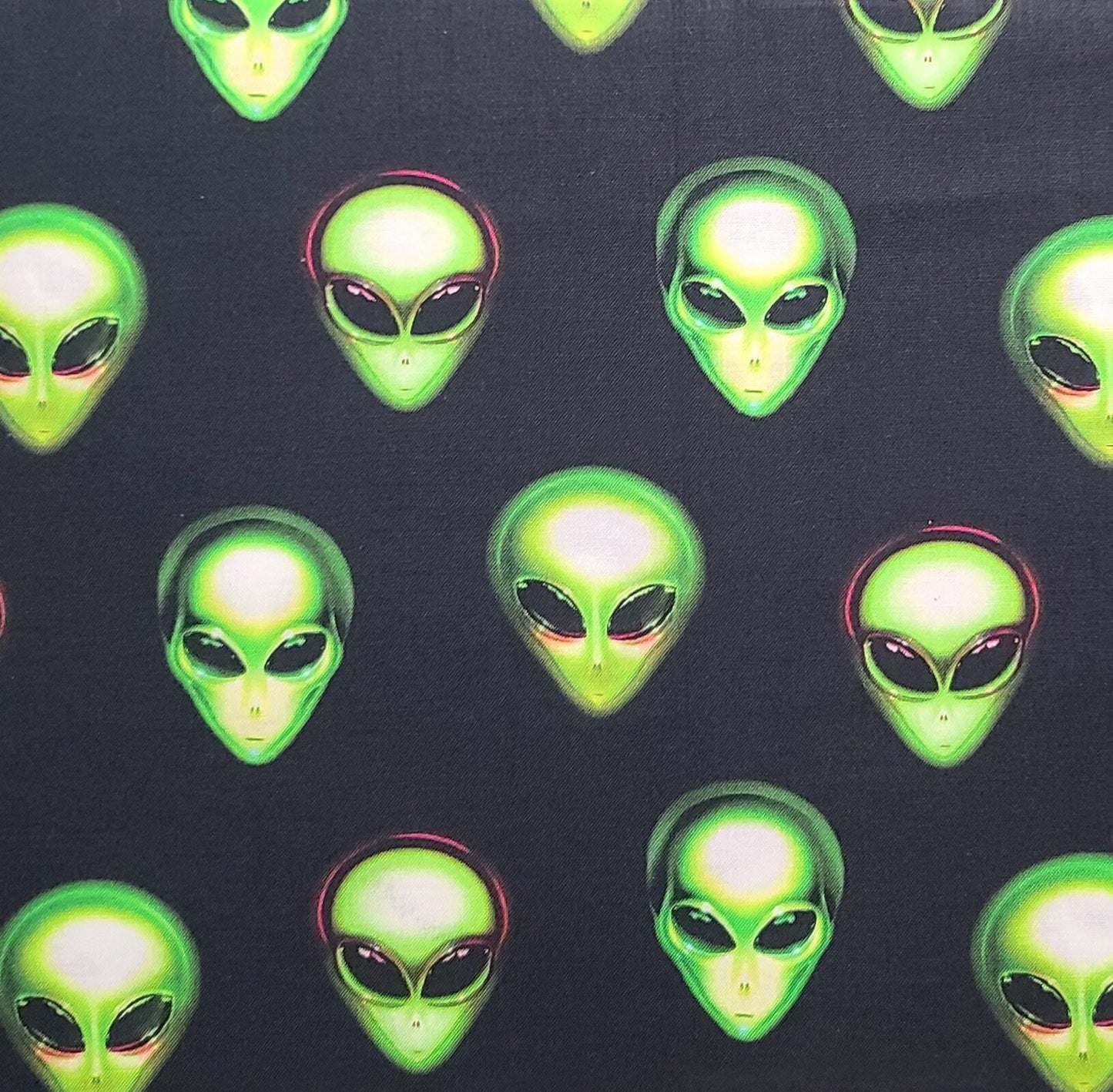 EOB - Area 51 MGL for Robert Kaufman - Black Fabric / Bright Green, White, Red Alien Face Print