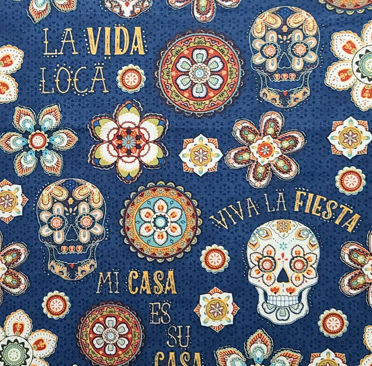 EOB - Veronique Charron Wild Apple David Textiles - Dark Blue Tonal Fabric / White, Red, Turquoise, Gold Dia de Los Muertos Medallions