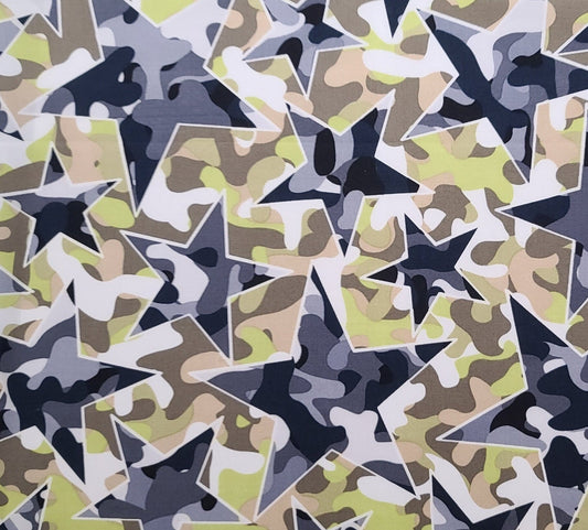 EOB - Camo Mix Greta Lynn for Kanvas Benartex Pattern #4STAR CAMO-C4820 - White, Black, Tan, Lime Green Camo Print Fabric