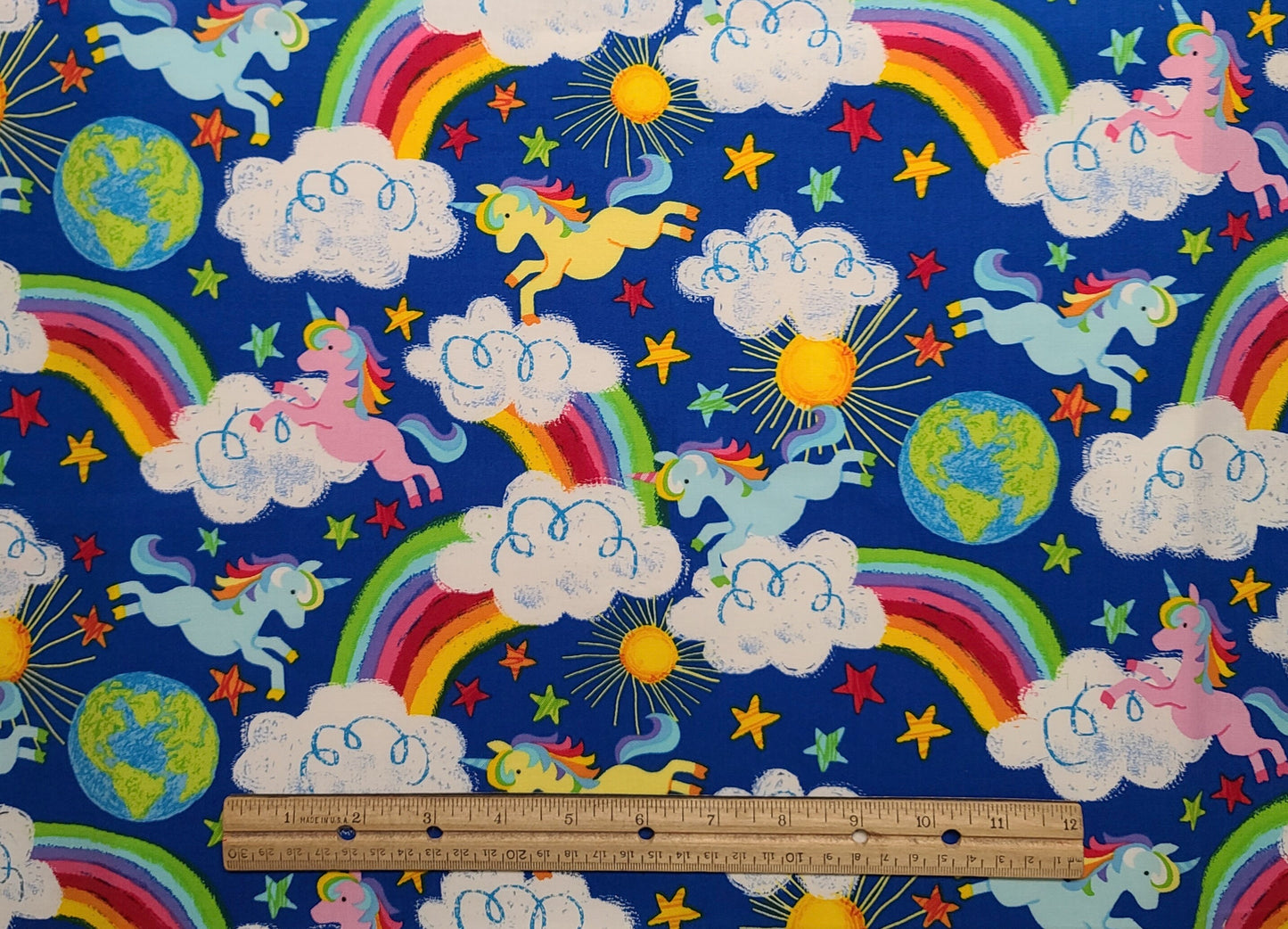 EOB - Timeless Treasures Fabrics of SoHo Patt#GAIL-C6338 - Blue Fabric / Bright Rainbow, Cloud, Unicorn Print