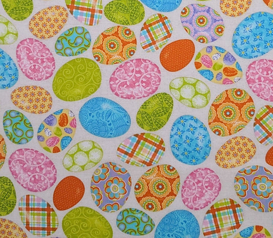 Studio E Fabrics Patt#4463 - White Fabric / Bright Pastel Easter Egg Print / Orange, Green, Blue, Lime Green, Yellow, Pink