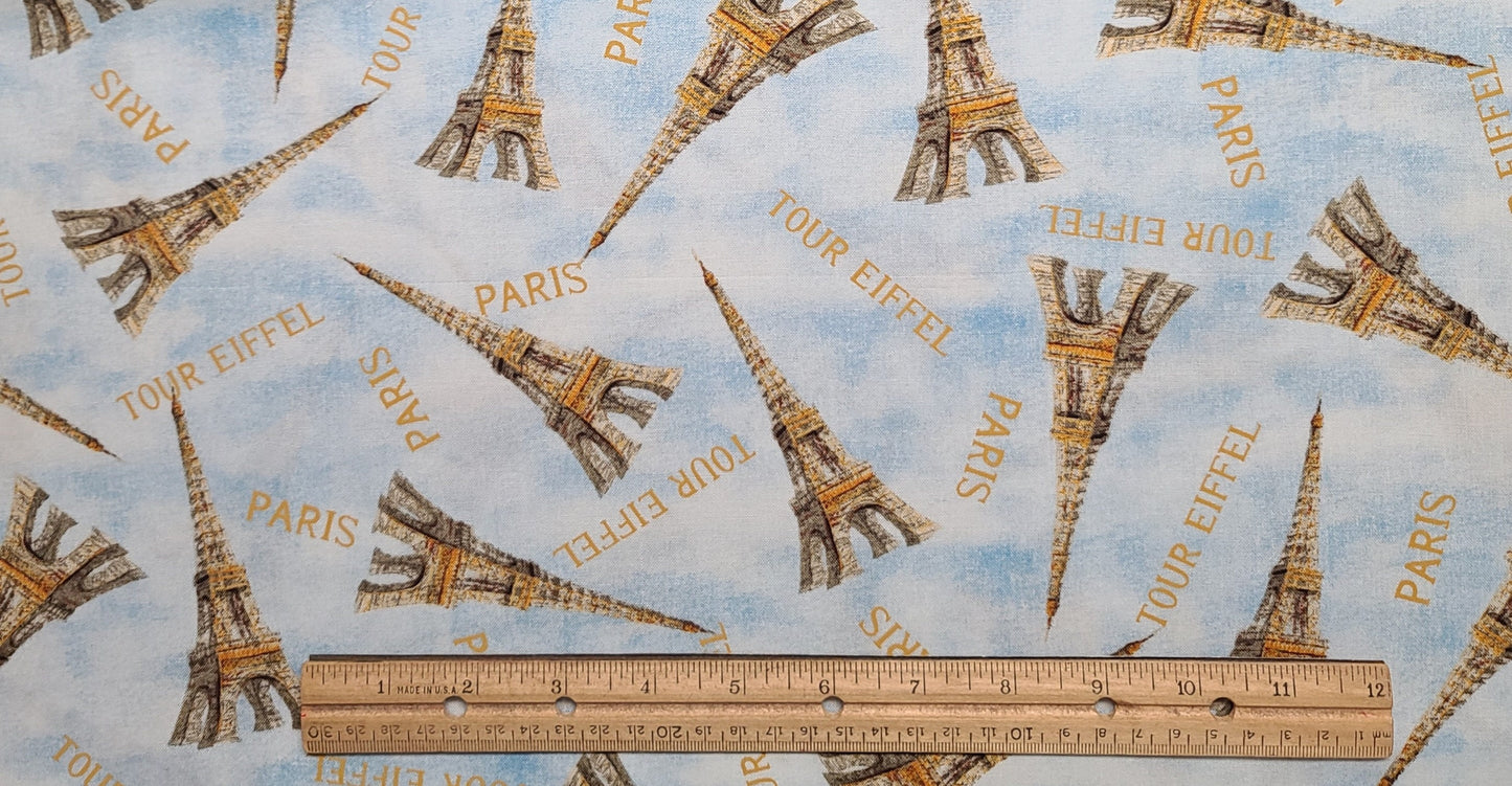 EOB - Le Café Danhuei Nai for Wilmington Prints - Pale Blue Tonal Fabric / Gold Paris and Eiffel Tower Print