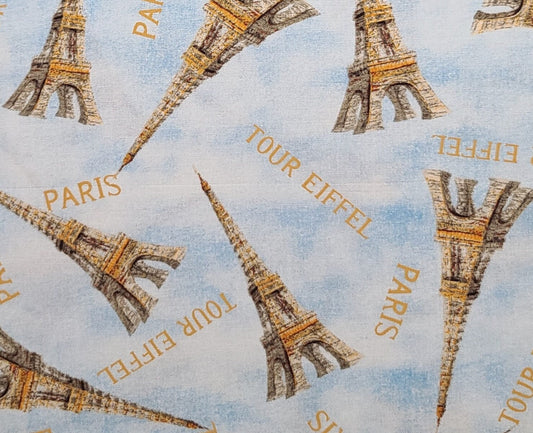 EOB - Le Café Danhuei Nai for Wilmington Prints - Pale Blue Tonal Fabric / Gold Paris and Eiffel Tower Print