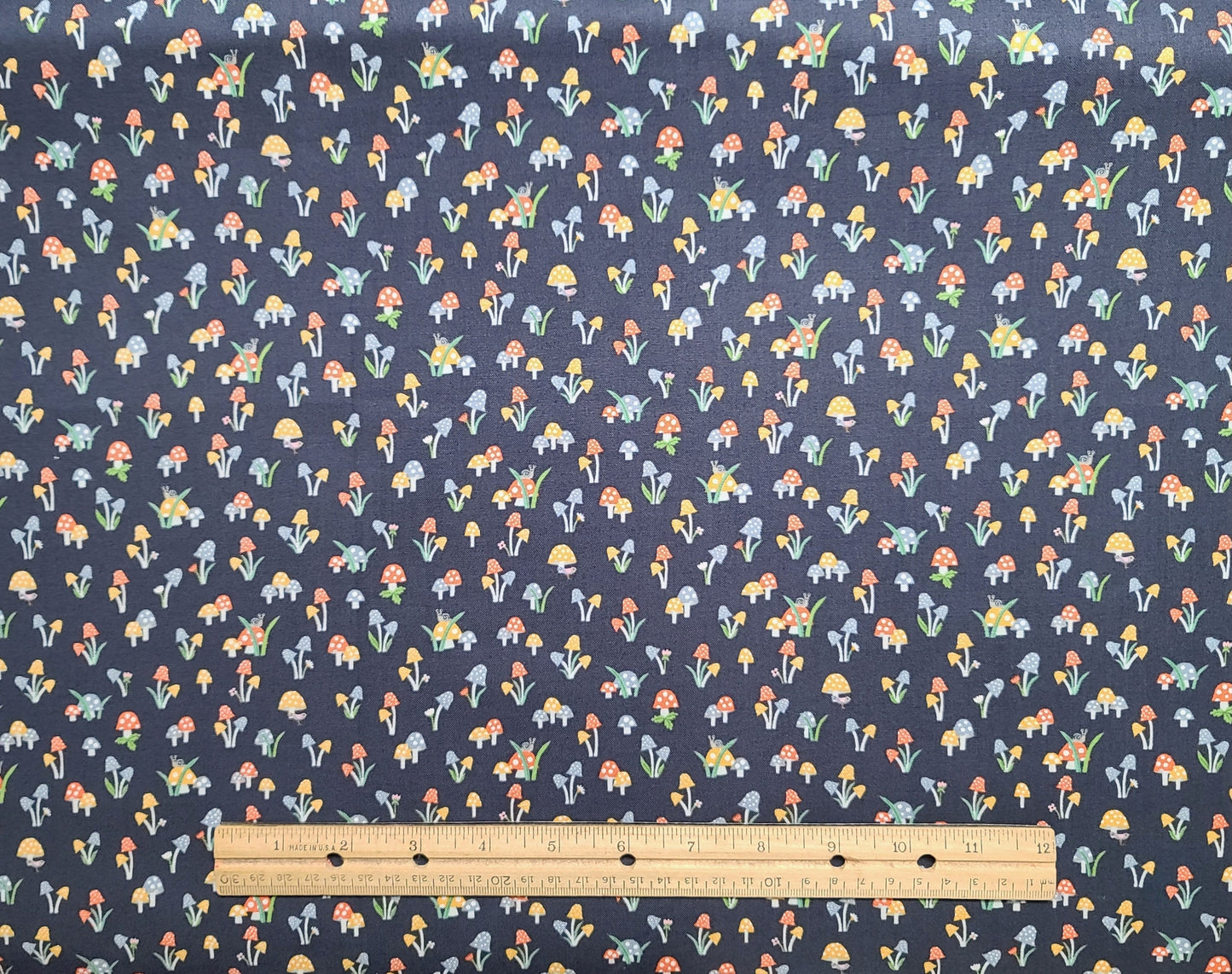 Dear Stella Patt#STELLA-1256 - Dark Blue Fabric / Light Blue, Gold, Red, Green Mushroom Print