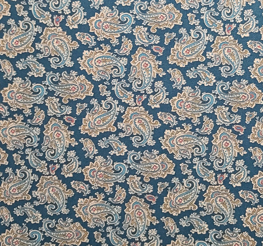 Dark Teal Fabric / Teal, Dusty Rose, Tan Paisley Print - Selvage to Selvage Print