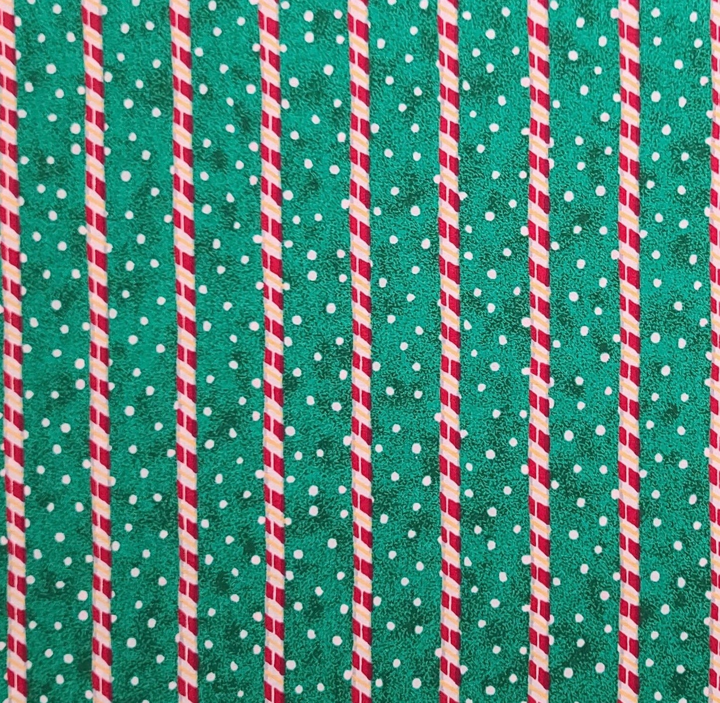 Kandy Kane Stripe by Kathy for Daisy Kingdom 1996 #38122 - Green Tonal with White Spot Fabric / Red, White, Gold Candy Cane Border Stripe