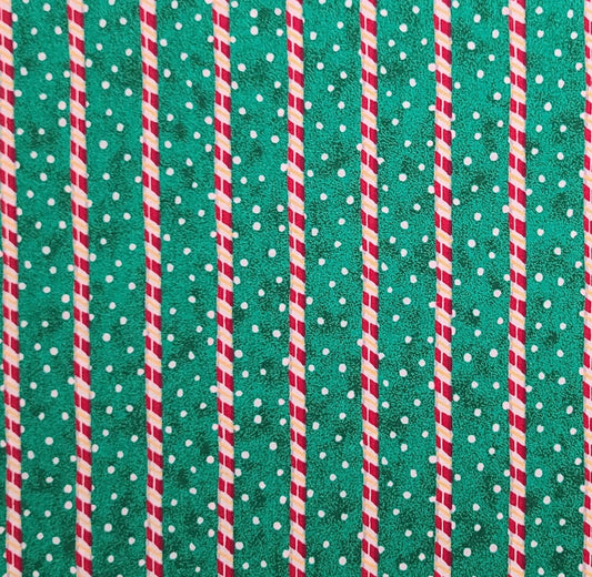 Kandy Kane Stripe by Kathy for Daisy Kingdom 1996 #38122 - Green Tonal with White Spot Fabric / Red, White, Gold Candy Cane Border Stripe