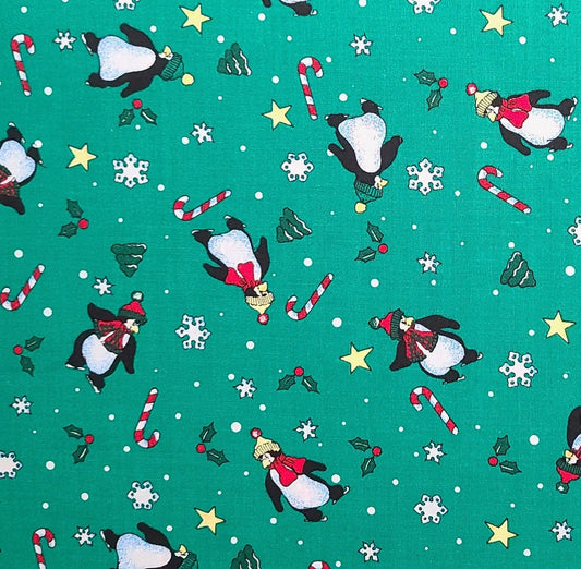 Laurie for Daisy Kingdom 1996 #B38118 Penguins & Candy Canes - Green Fabric / Tossed Penguin and Candy Cane Print