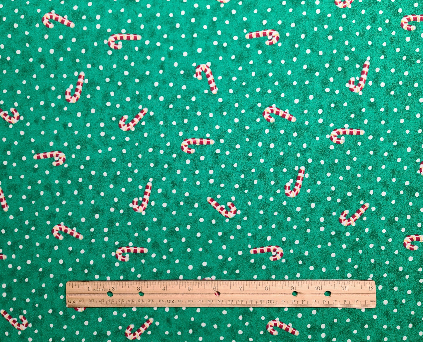 Kandy Kane Toss by Kathy for Daisy Kingdom 1996 #38123 - Green Tonal with White Spot Fabric / Red, White, Gold Tossed Candy Cane Print