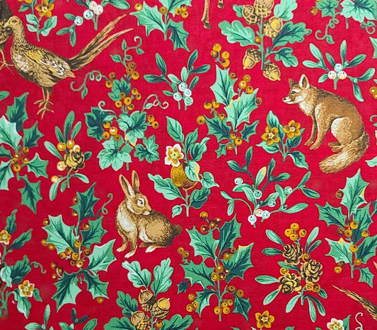 VIP Cranston Print Works - Red Fabric / Fox, Deer, Squirrel, Acorn, Holly Print