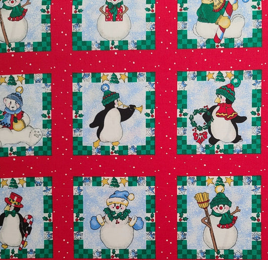 Laurie for Daisy Kingdom 1996 #B38111 Craft Squares - Red Fabric, White Spot / Christmas Framed Snowmen, Penguins, Polar Bear Cheater Cloth