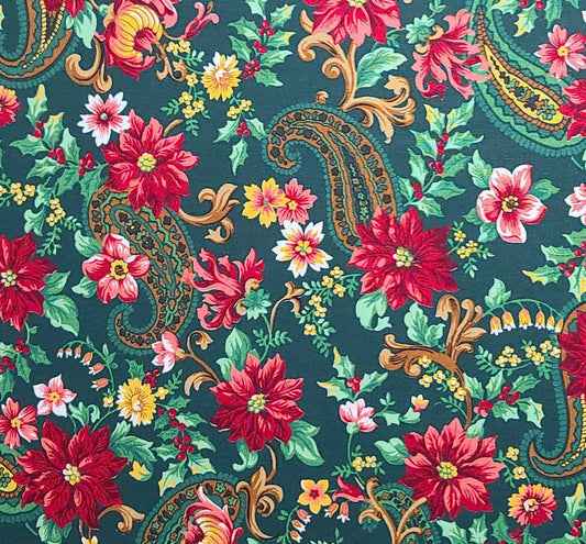 VIP Cranston Print Works - Evergreen Colored Fabric / Poinsettia, Paisley, Holly, Floral Print