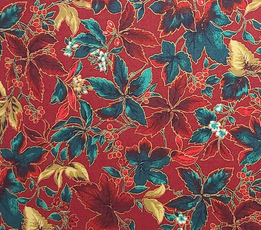 The Country Side Collection by Hoffman International Fabrics - Dark Red Fabric / Red, Green, Tan Leaf and Holly Print