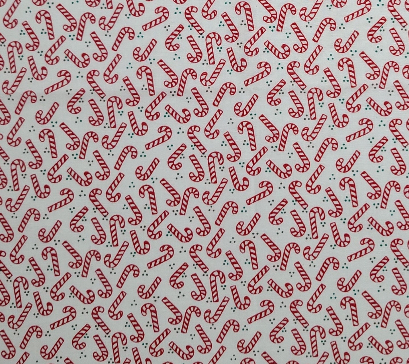 White Fabric / Tossed Red and White Candy Cane / Green Dot Print