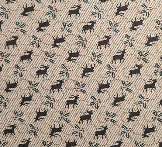 North Pole Print by Thimbleberries for RJR Fashion Fabrics - Light Tan Fabric with Golden Tan Diagonal Stripe / Brown Reindeer / Green and Red Holly
