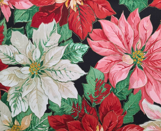 Concord Fabrics Inc Designed by the Kesslers - 58" WIDE Black Fabric / Giant White, Pink, Red Poinsettia Print