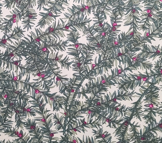 EOB - Timeless Treasures Fabrics Inc 2000 #BONNIE - Cream Fabric / Green Tonal Fir Bough / Raspberry and Gray Berry Print