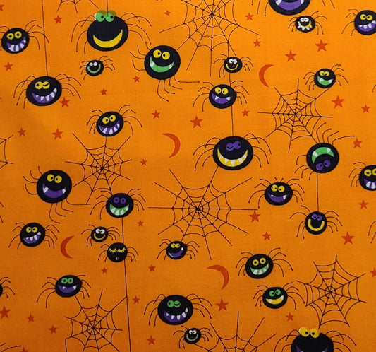 EOB - Orange with Tonal Stars and Moons Fabric / Black Cartoon Spider and Web Print / Purple, Yellow, Green - Selvage to Selvage Print