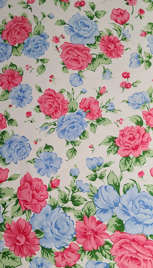Gertie by Gretchen Hirsch 2018 for Fabric Traditions - 58" WIDE White Fabric / Pink, Blue, Green Flower Print / Bluebirds