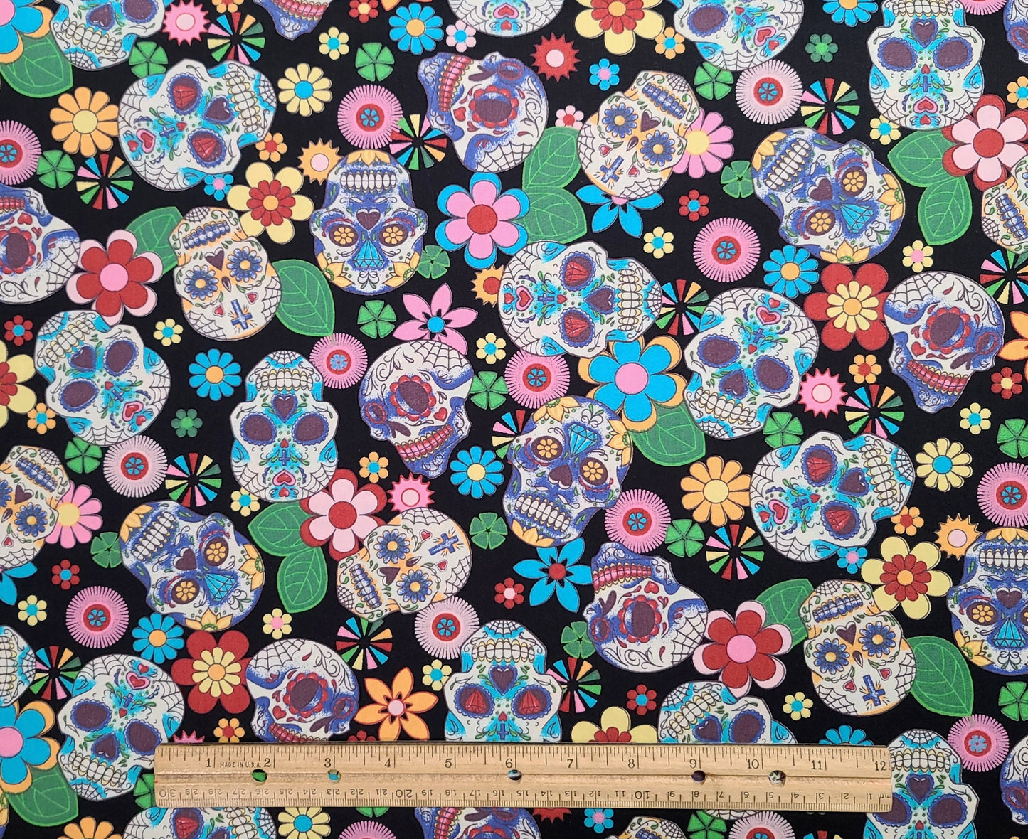 Rose & Hubble Dia de Muertos - Black Fabric / Purple, Blue, Yellow, Green, Red