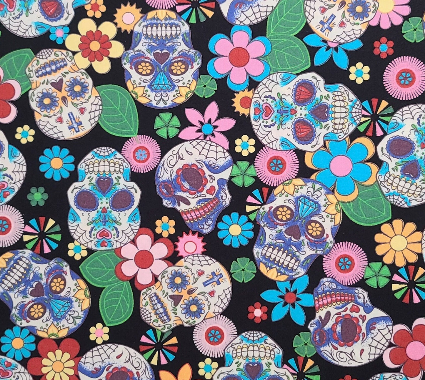 Rose & Hubble Dia de Muertos - Black Fabric / Purple, Blue, Yellow, Green, Red