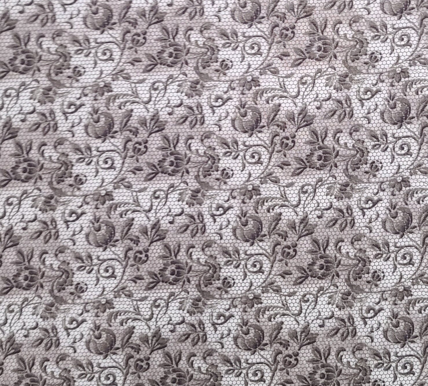 JoAnn Fabrics Printed in South Korea - White Fabric / Mushroom/Gray Colored Lace and Net Print