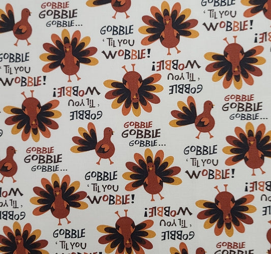 JoAnn Fabrics - Ivory Fabric / Turkey Gobble Til You Wobble - Brown, Rust, Gold