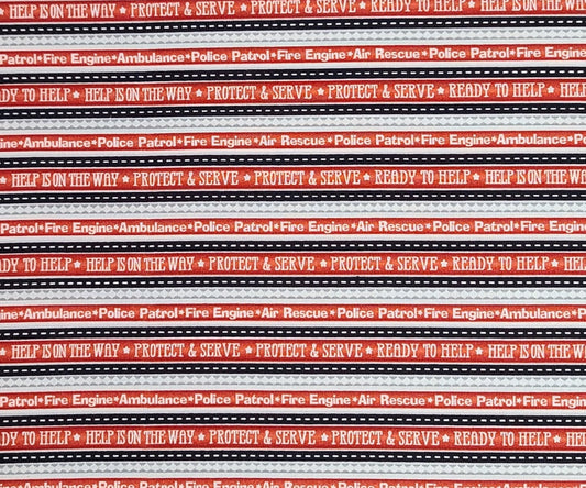 Help Is On the Way Jennifer Pugh Licensed to WP - Red, White, Black, Gray Border Stripe Fabric / First Responders Print