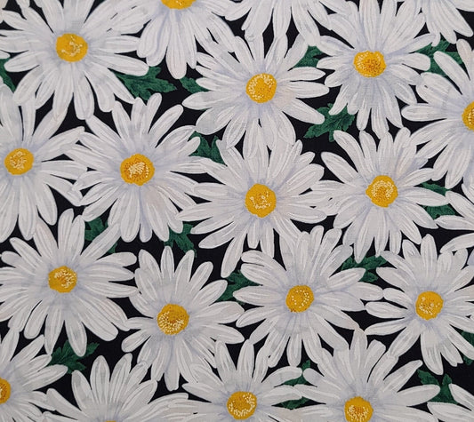 Timeless Treasures Fabrics of Soho Patt#LOVE-C4426 - Black Fabric / Large White, Yellow, Green Daisy Print