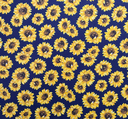 Midnight Blue Fabric / Yellow and Brown Sunflower Print - Selvage to Selvage Print