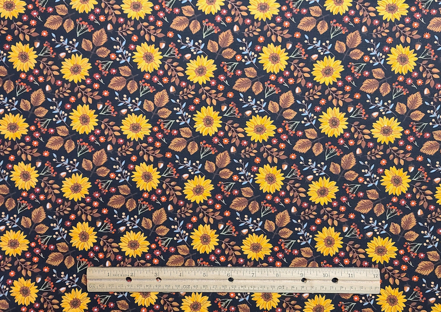 Black Fabric / Gold, Brown, Red, Blue Sunflower, Acorn, Berry Print - Selvage to Selvage Print