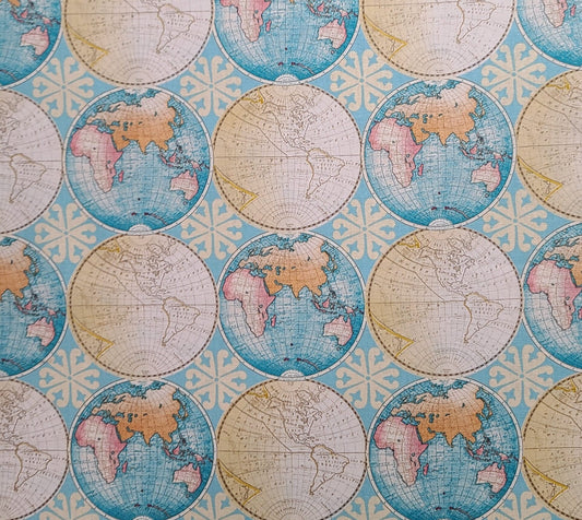 EOB - Candace Allen by David Textiles - Turquoise, Cream, Tan, Pink Allover Globe Print Fabric