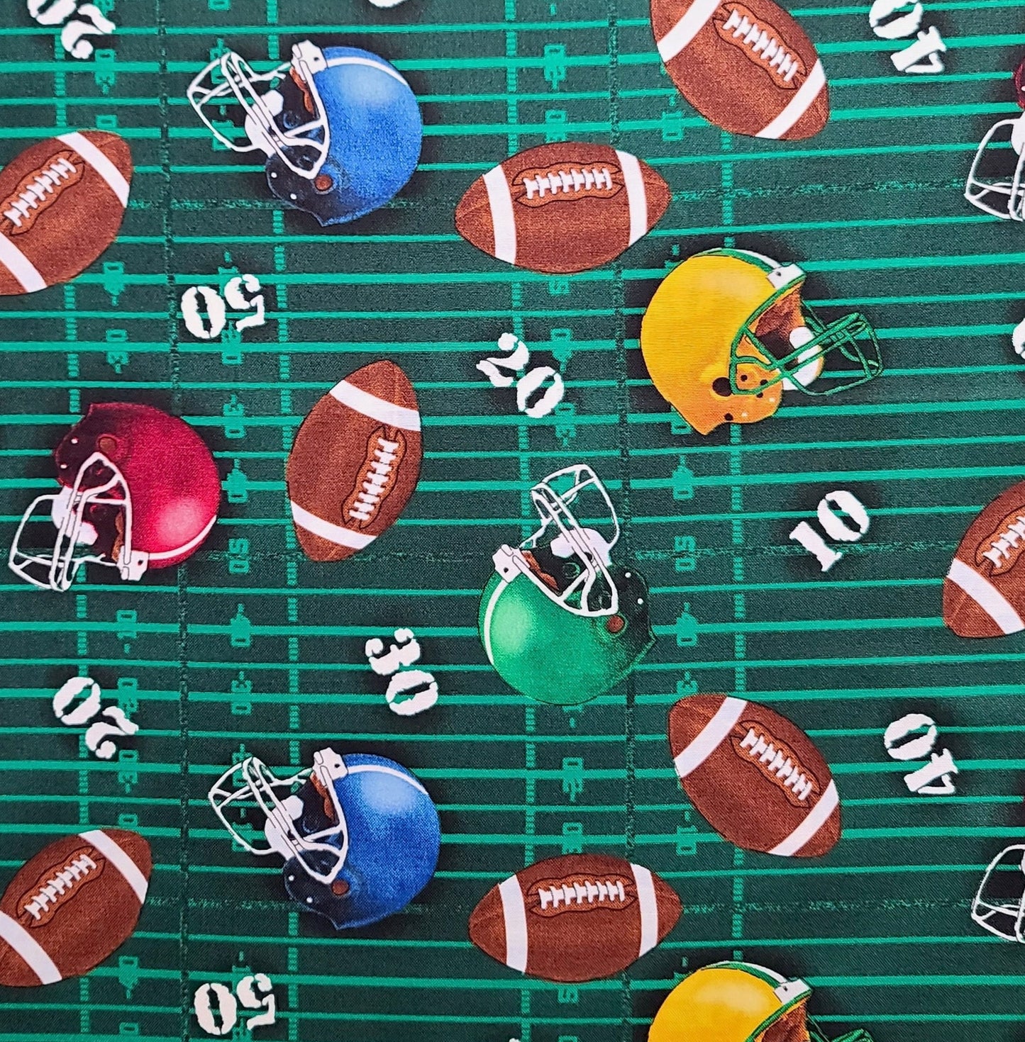 EOB - Timeless Treasures 2005 D#GAIL-C8475 - Dark Green Gridiron Print Fabric / Football Helmets, Footballs