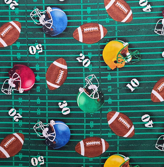 EOB - Timeless Treasures 2005 D#GAIL-C8475 - Dark Green Gridiron Print Fabric / Football Helmets, Footballs