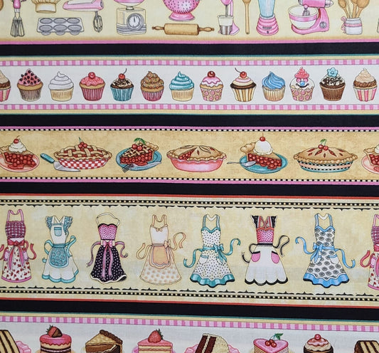 Dan Morris Design 2017 for Quilting Treasures - Kitchen Appliances, Aprons, Cupcakes, Pies Border Stripe Print / Pink, Blue, Tan