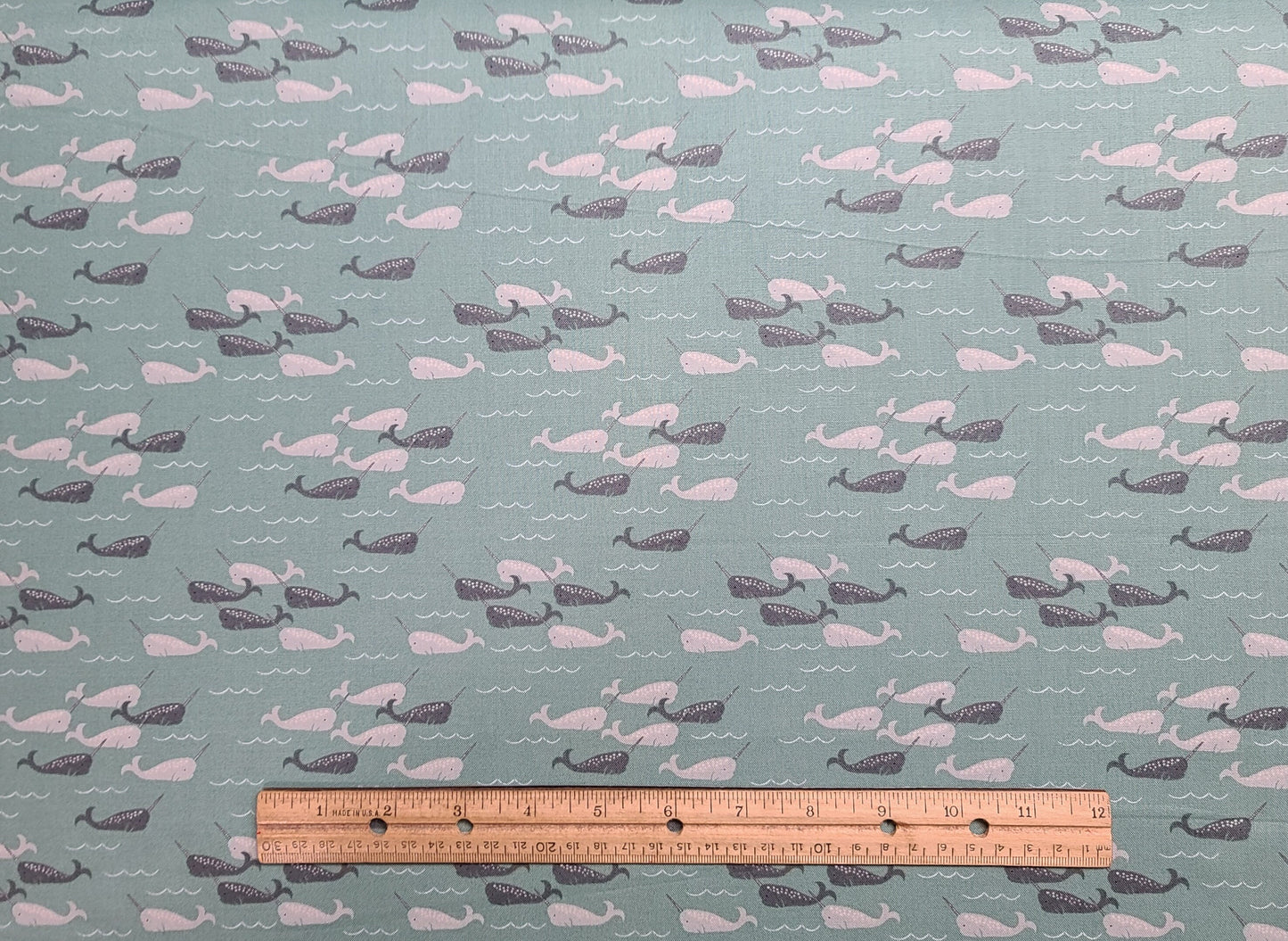 Lewis & Irene Threaded With Love Tales of the Sea D#A137 - Dark Seafoam Green Fabric / Dark and Light Gray Whale Print