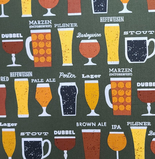 Cheers Design #16463 Michael Mullan Wild Apple Graphics for Robert Kaufman - Dark Green Fabric / Horizontal (Selvage to Selvage) Beer Print