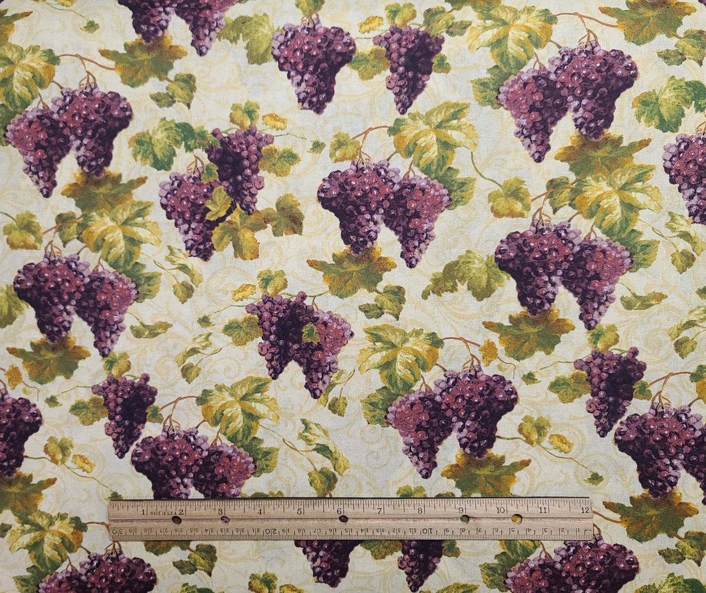 Uncorked Danhui Nai Licensed to WP - Gold Tonal Fabric / Purple, Green Grape and Vine Print Fabric