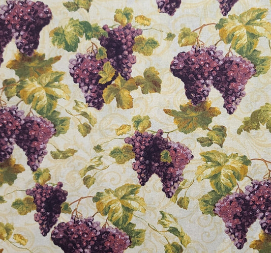 Uncorked Danhui Nai Licensed to WP - Gold Tonal Fabric / Purple, Green Grape and Vine Print Fabric