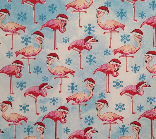 JoAnn Fabrics - Blue and White Tonal Fabric with Blue Snowflake Background / Christmas Flamingo Print