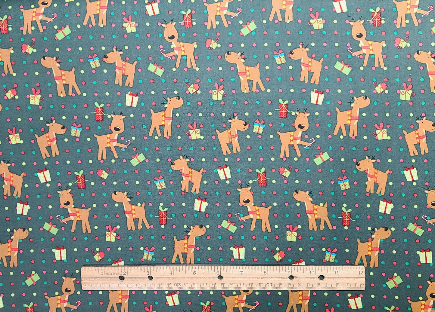 JoAnn Fabrics Keepsake Calico - Dark Green Fabric / Brown, Lime Green, Red, Pink Reindeer Gift and Dot Print