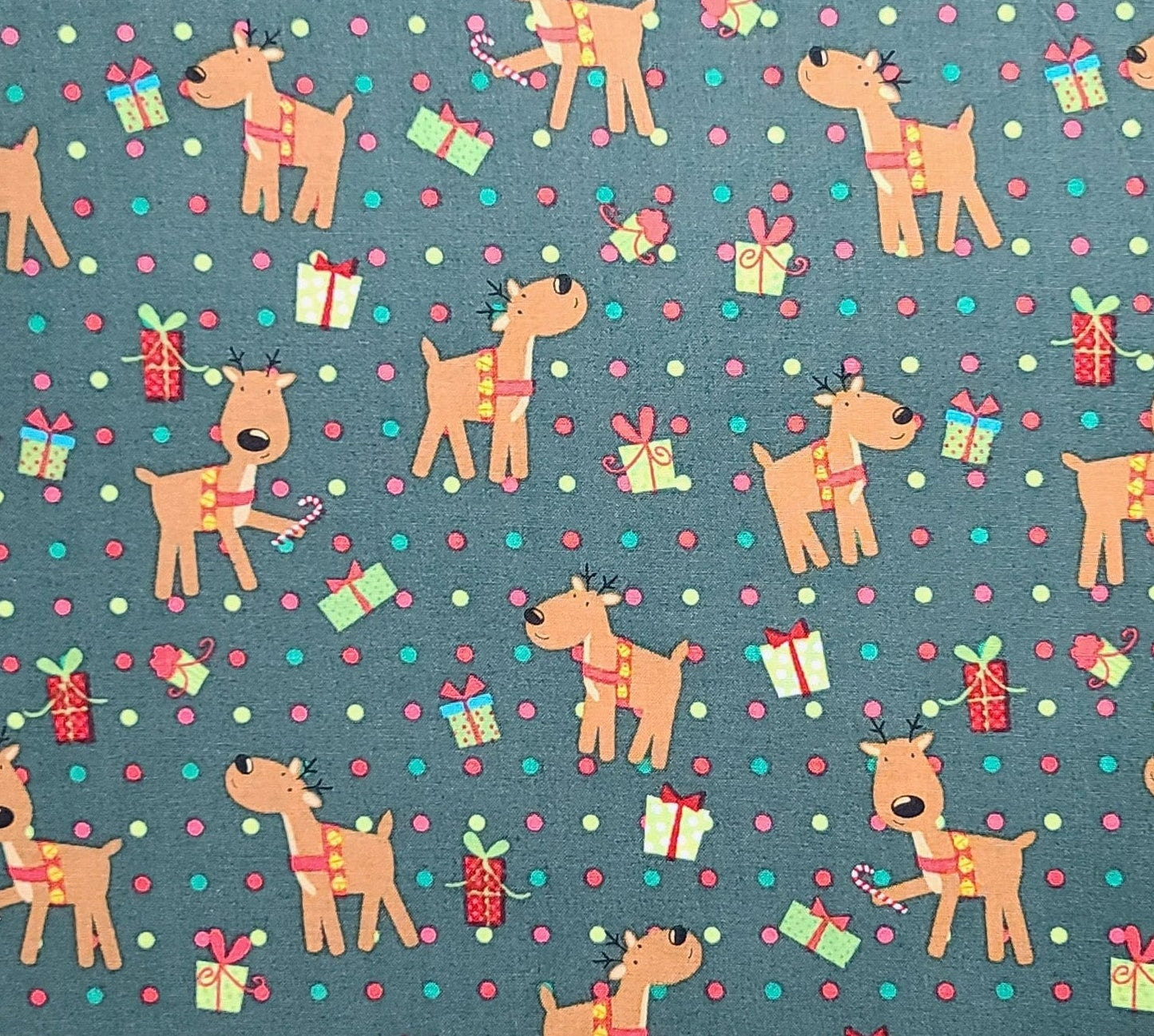 JoAnn Fabrics Keepsake Calico - Dark Green Fabric / Brown, Lime Green, Red, Pink Reindeer Gift and Dot Print