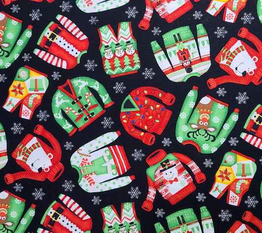 Timeless Treasures Fabrics of Soho Patt#GAIL-C4840 - Black Fabric / Red, White, Green, Yellow Ugly Christmas Sweater Print