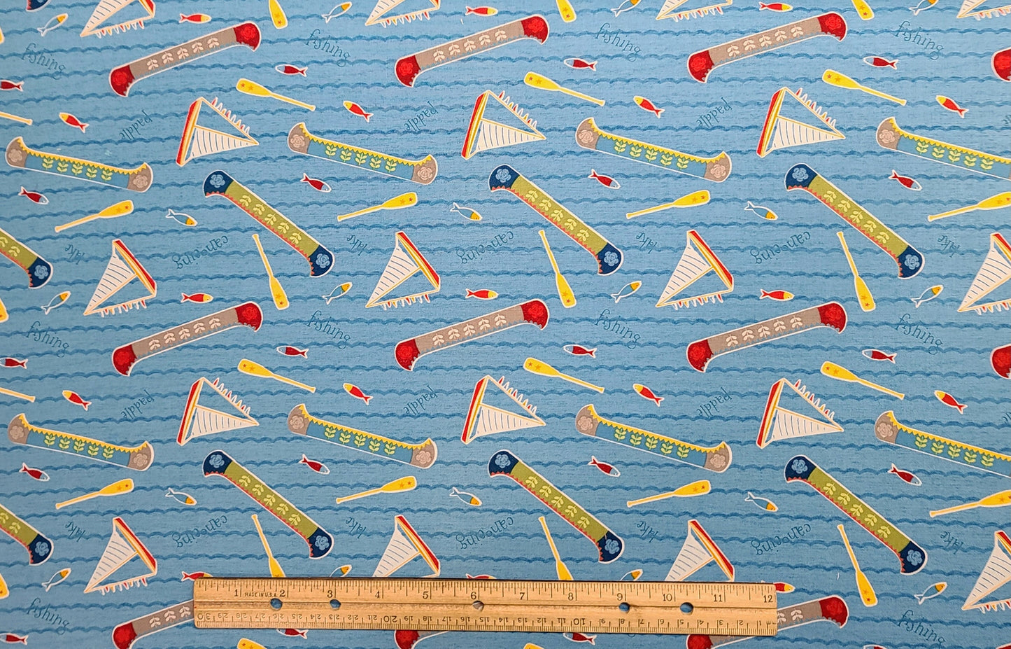 EOB - Let's Go Glamping Anne Rowan Licensed to WP - Blue Tonal Water Print Fabric / Canoe, Sailboat, Oar, Fish